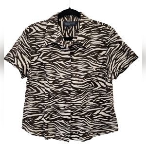 JONES NEW YORK Zebra Striped Button Front Blouse Top Women Large 100% Cotton